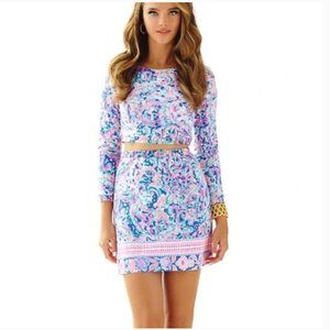 Lilly Pulitzer Boca Chica Skirt Crop Top Set Pink Blue Coral Print size Small